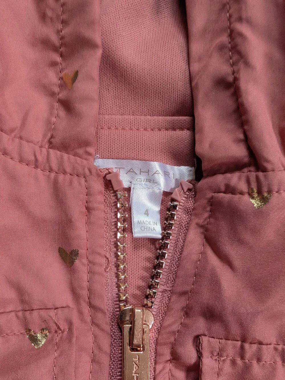 Tahari Girls Size 4 Rose Gold Heart Print Full Zip Windbreaker Raincoat Jacket